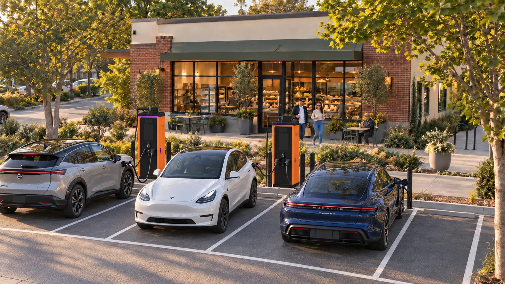 Concept rendering of a ChargeVia fast-charging stop outside a café with outdoor seating
