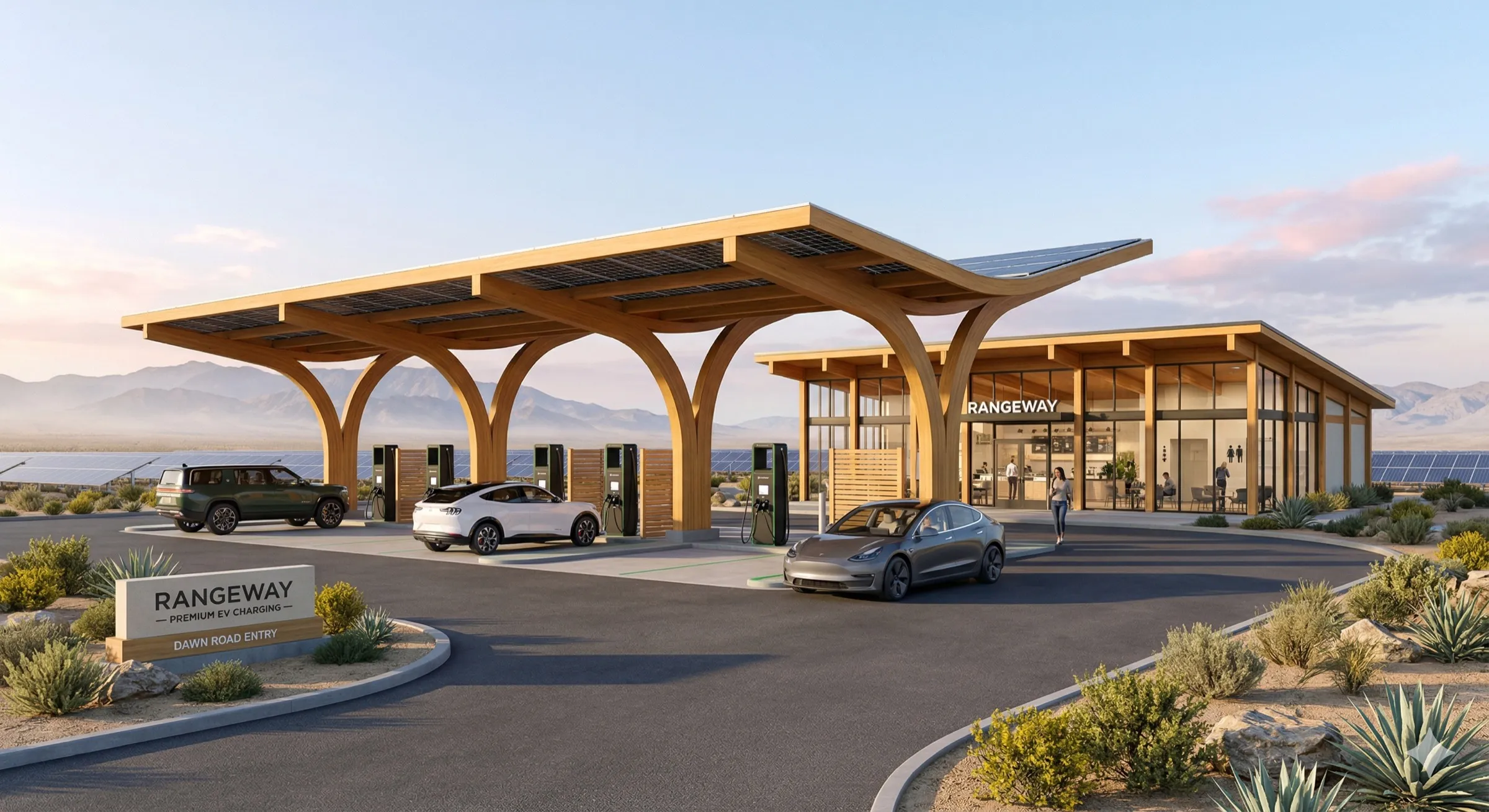 A Rangeway Basecamp at dawn with a solar-integrated wood canopy, ultra-fast chargers, and driver's lounge beyond