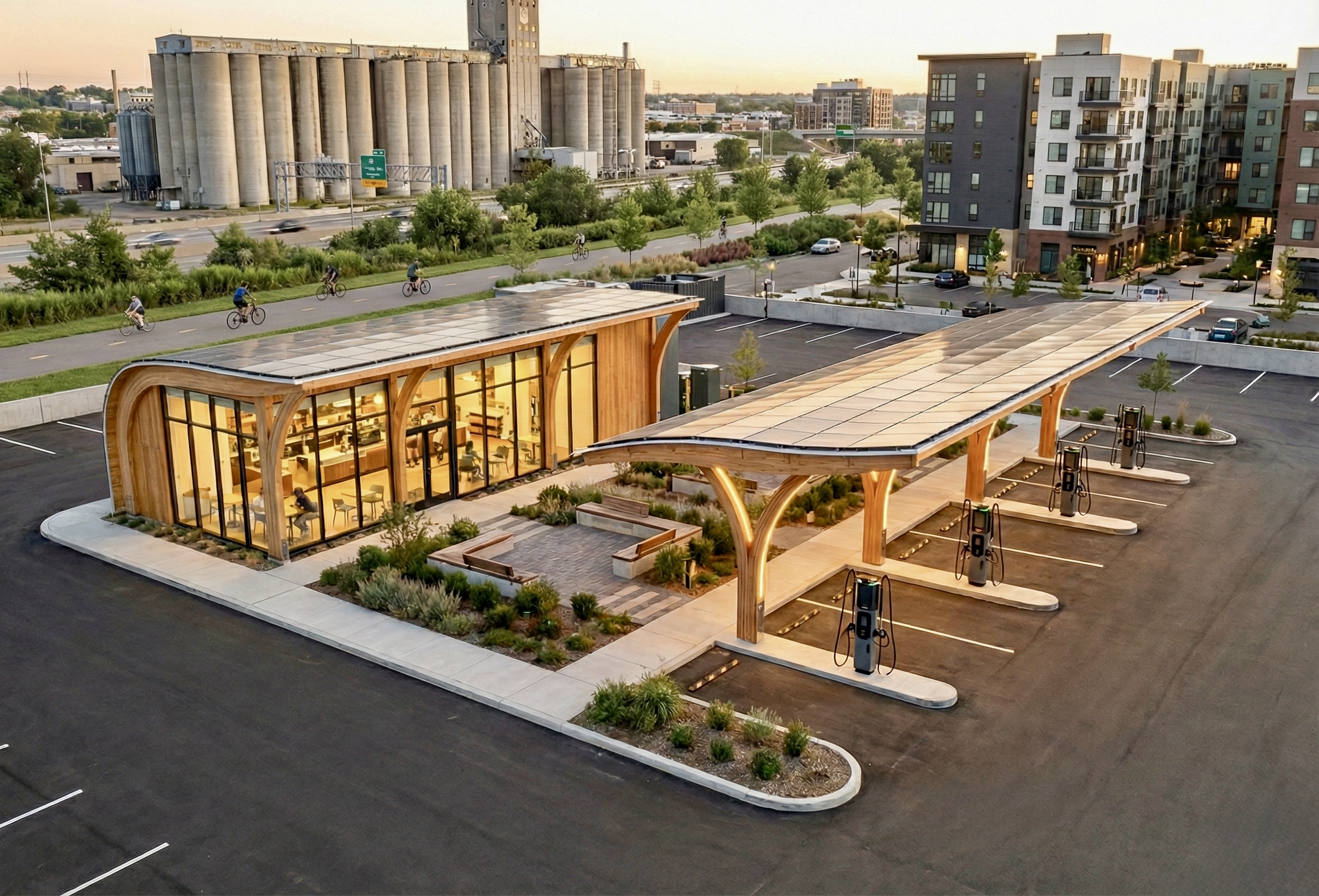 Aerial view of a Basecamp in an urban setting with charging canopy and driver's lounge
