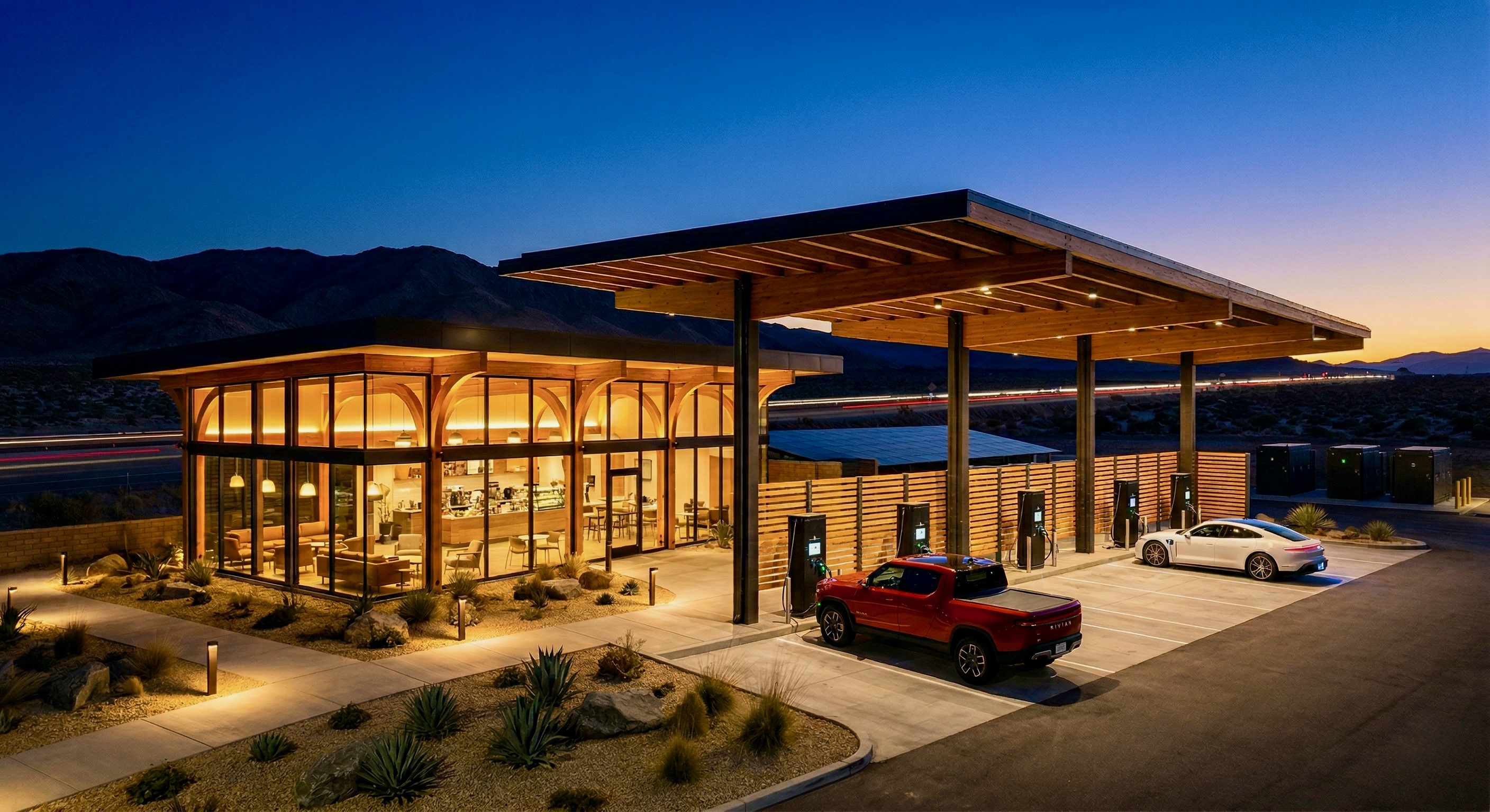 A Basecamp at dusk with a lit lounge, charging canopy, and desert mountains behind