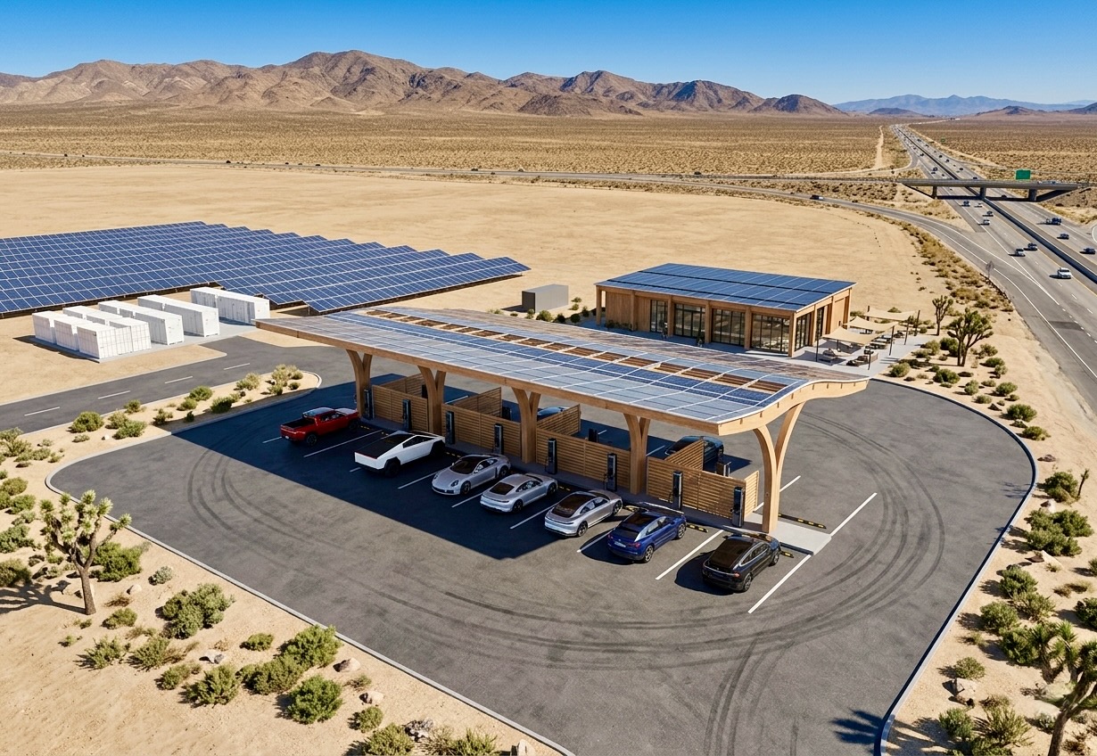 Aerial view of a desert Basecamp with solar canopy, battery storage, and driver's lounge beside the highway