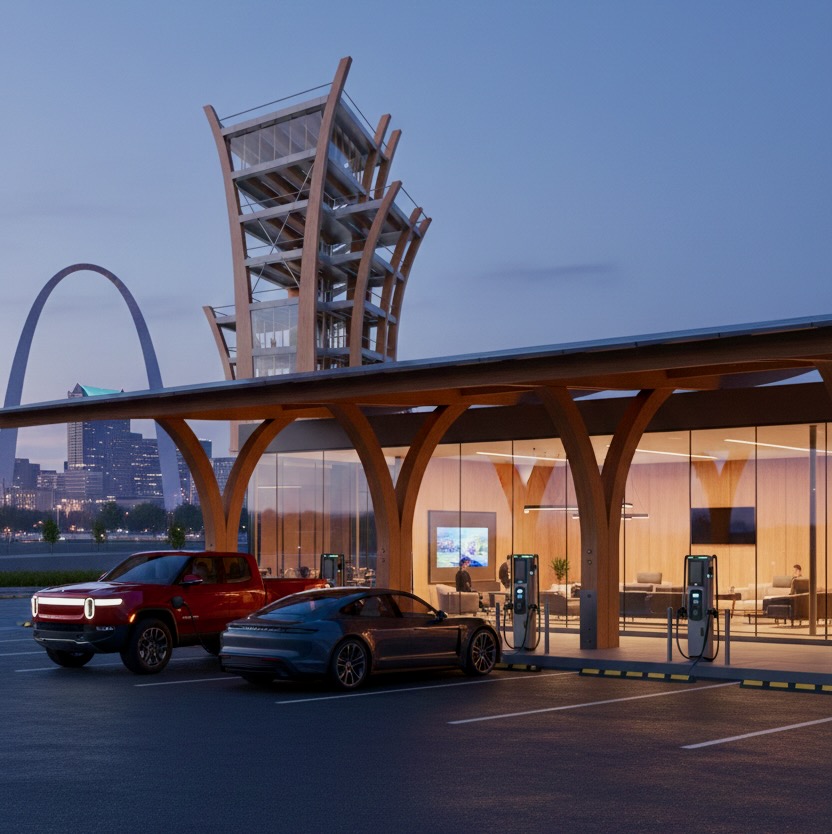 A Basecamp at dusk in St. Louis with the Gateway Arch and observation tower in the background