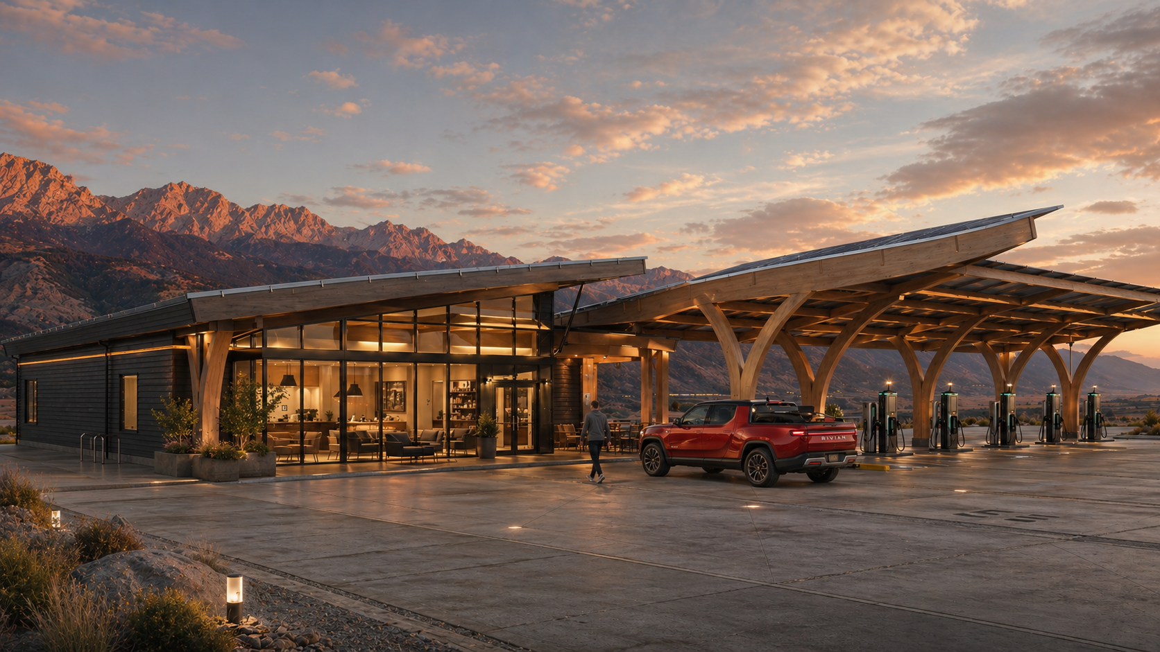 A Rangeway Waystation at dusk with sunset-lit mountains behind, lounge interior glowing through the glass facade, and a Rivian charging under the timber canopy