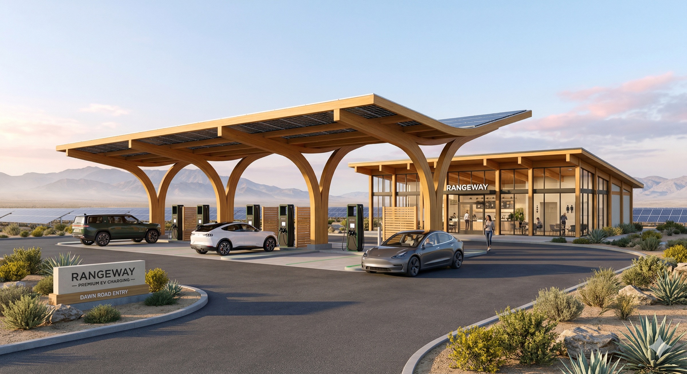 A Rangeway Basecamp at dawn with a solar-integrated wood canopy, ultra-fast chargers, and driver's lounge beyond