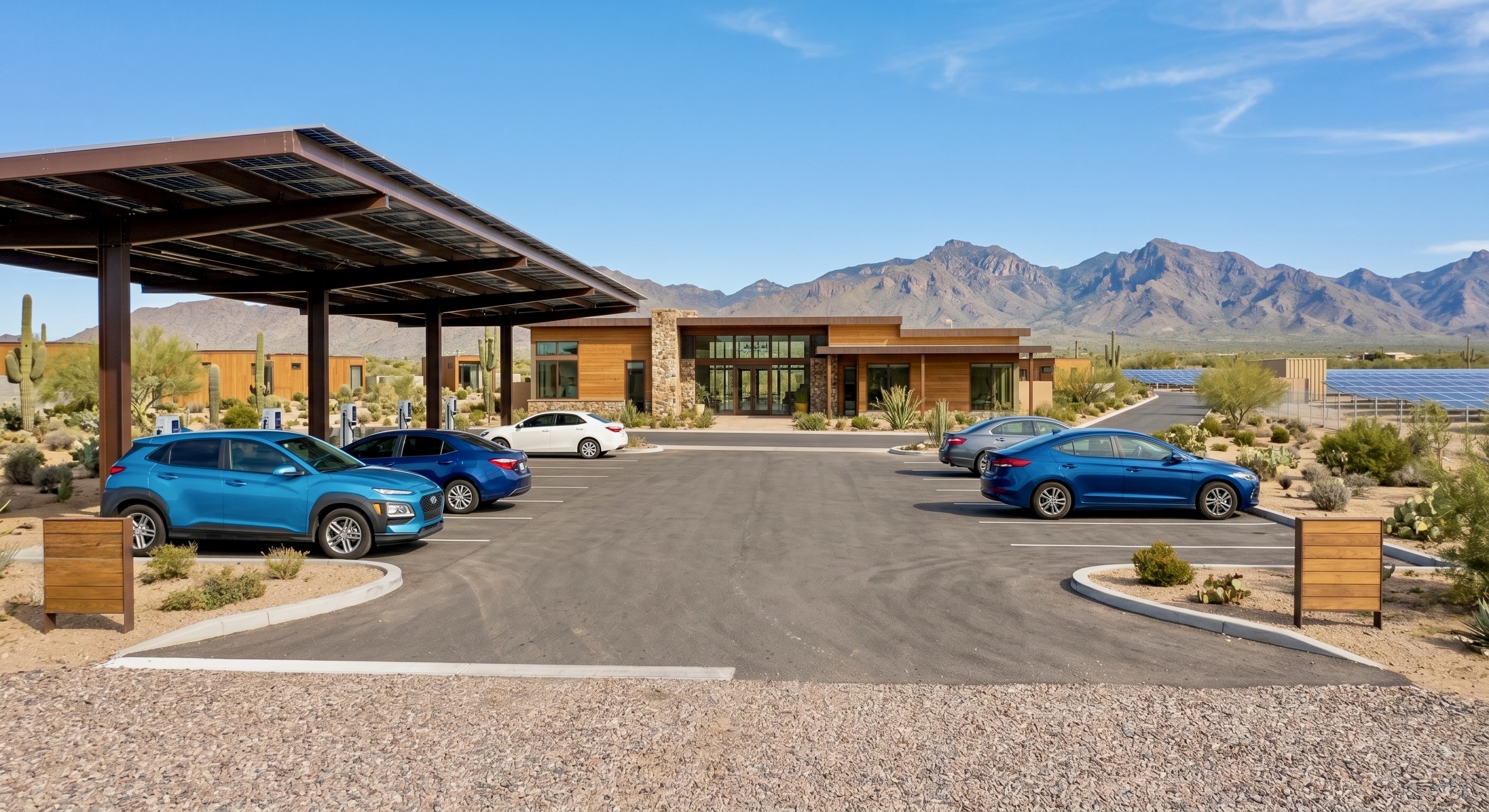 A Summit clubhouse with charging canopy and desert mountains behind