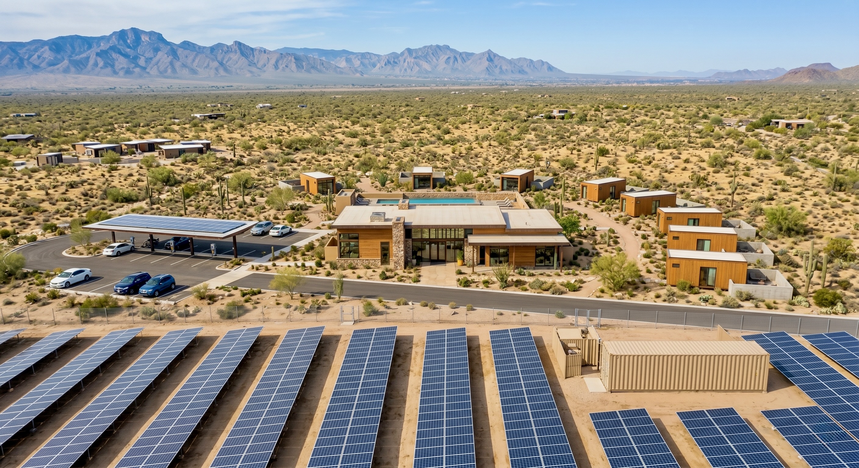 Aerial view of a Summit with clubhouse, Lookouts, and off-grid solar array in the desert